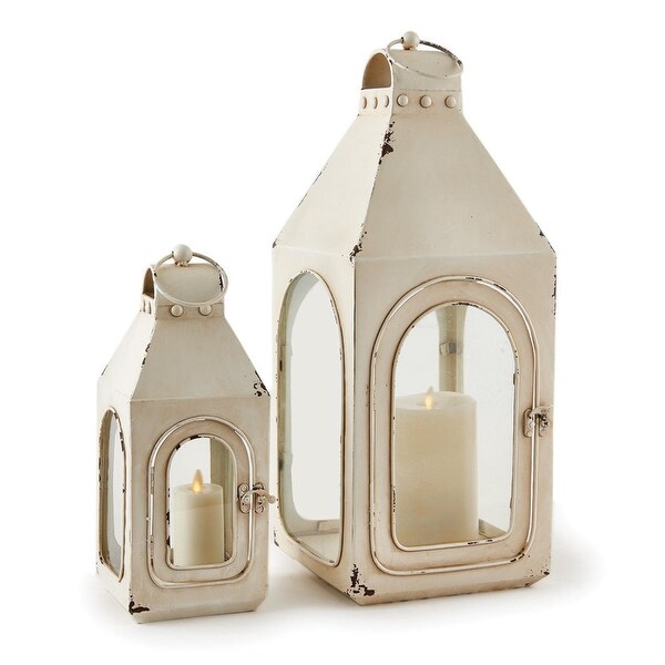 2 Piece Rustic Weathered Antique Beige Finish Decorative Candle Lantern Set - N/A