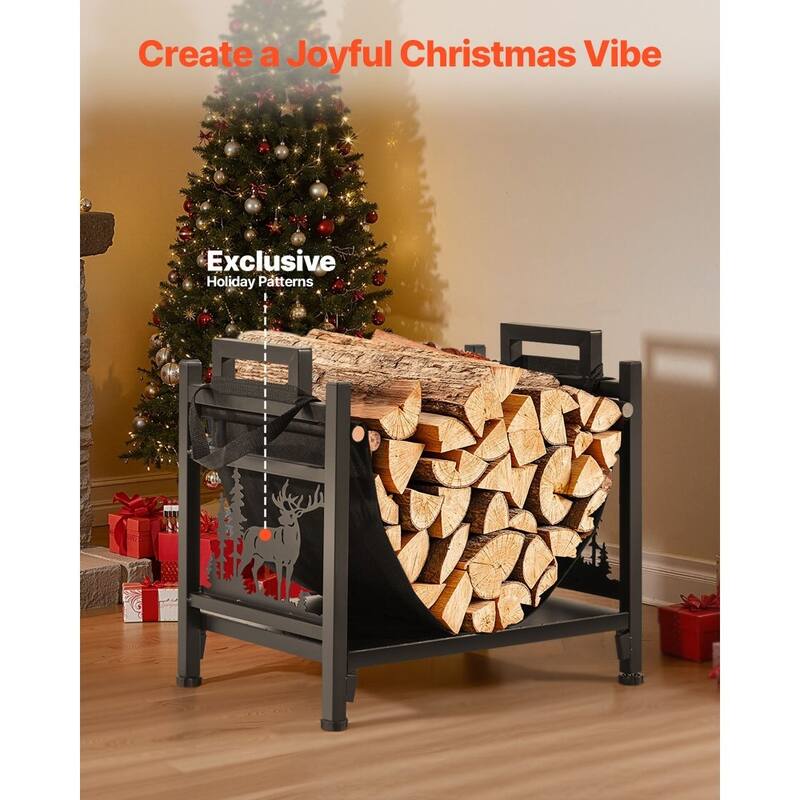 Black Portable Firewood Rack with Removable Canvas Carrier 1.5 ft Heavy-Duty Steel Construction - 17.72”L x 12.40”W x 16.34”H