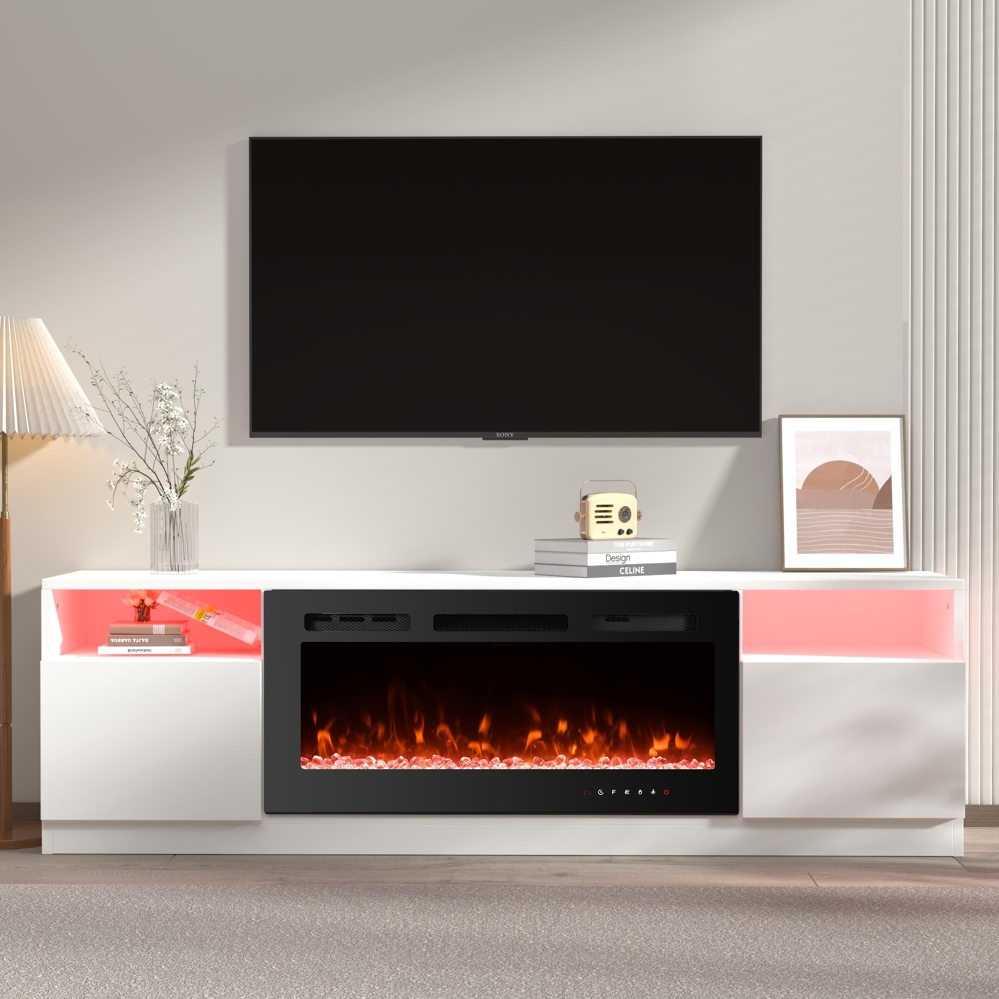 Electric Fireplace TV Stand with LED Lights, Wood Media Console with Remote Control for Living Room
