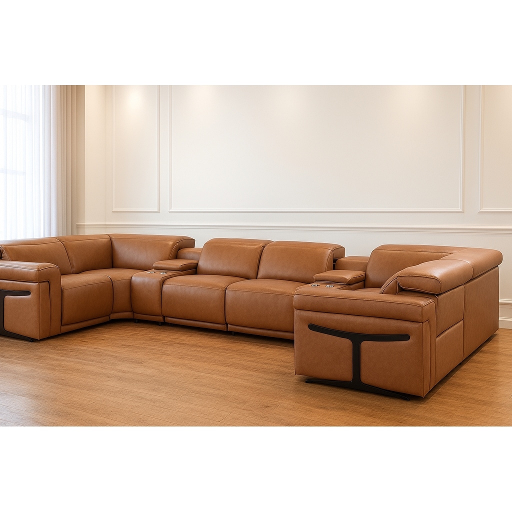 HomeRoots Chestnut Italian Leather Power Reclining U Shaped Eight Piece Sectional With Console