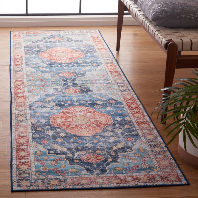 SAFAVIEH Tucson Hlin Transitional Machine Washable Rug - 2'6" x 8' Runner - Rust/Blue