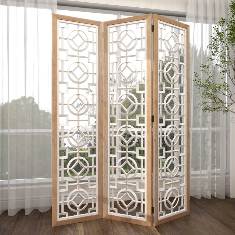 Wood Geometric Hinged Foldable Partition 3 Panel Room Divider Screen with Intricately Carved Designs - White - Roche River Decor