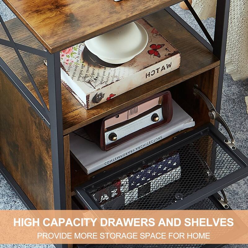 VECELO Modern End Table with 3-tier Storage Shelves, Nightstands with Charging Station(Nightstand Set of 2)