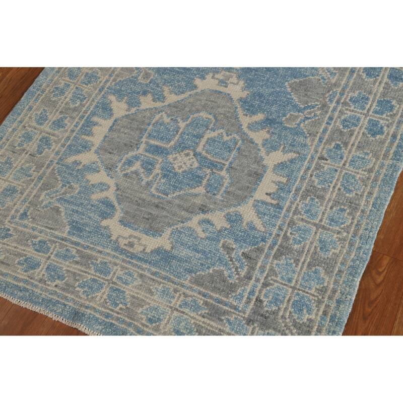 Hand Knotted Oriental 100% Wool Carpet Transitional Geometric Navy Blue & Blues Oushak Runner Rug - 15' 11'' X 3' 4''