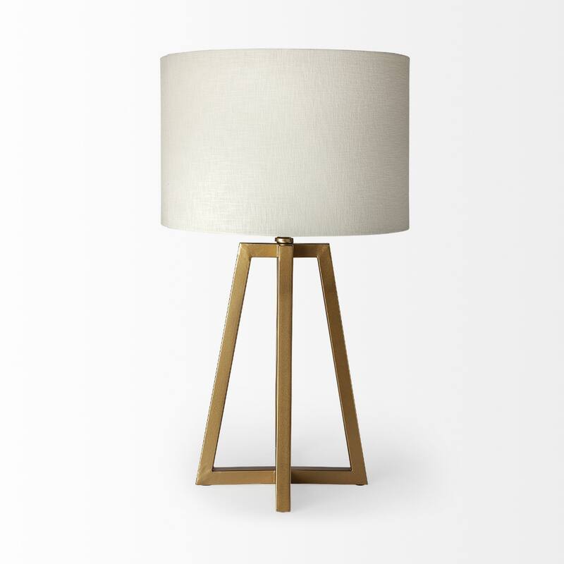 Gold Metal Geometric Table Lamp Base with White Drum Fabric Shade, 3 Way Switch - 17” x 17” x 29” (D x W x H) - Gold-White