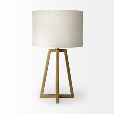 Gold Metal Geometric Table Lamp Base with White Drum Fabric Shade, 3 Way Switch - 17” x 17” x 29” (D x W x H)