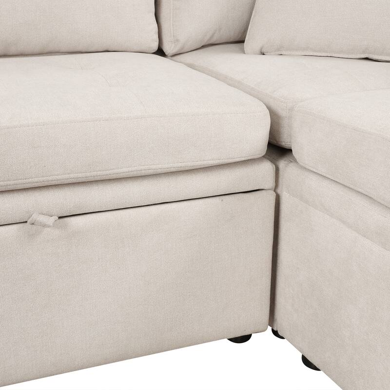 Beige 117.3" Oversized Chenille Upholstered U-shaped Convertible Sleeper Sectional Sofa with Pull-out Bed and 2 Throw Pillows
