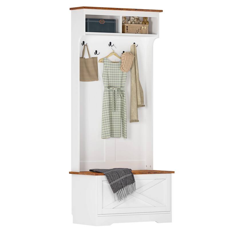 Modern Minimalist Coat Rack Wardrobe with 5 Hooks, Bench and Storage Function, for Hallway