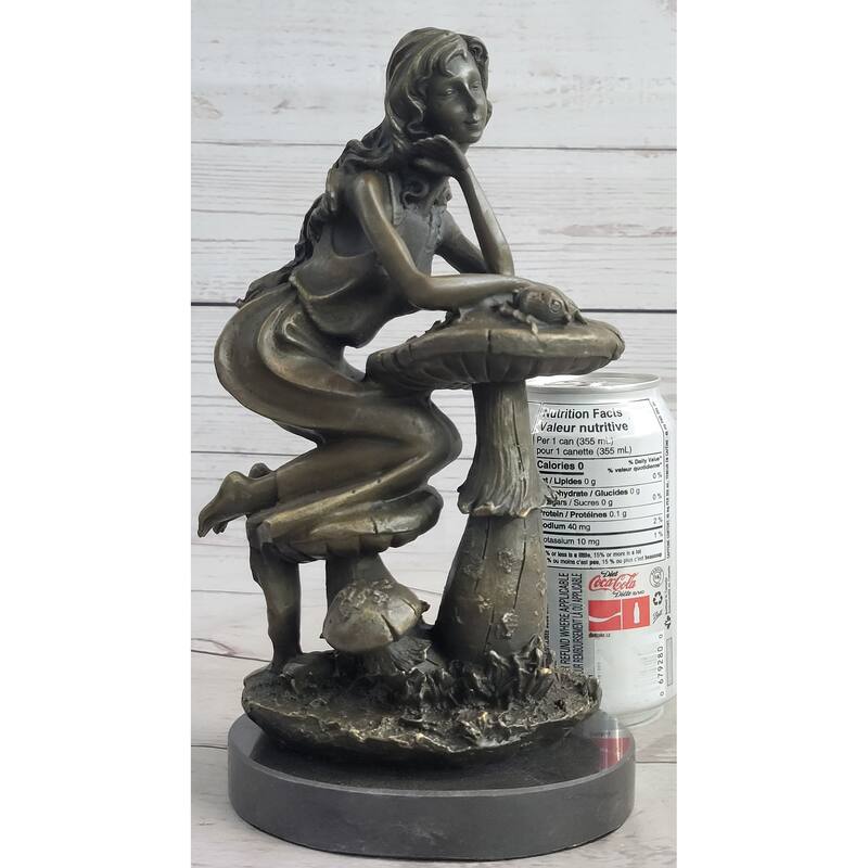 Girl Sitting On Mushroom Toadstool Alice Wonderland Bronze Figure Sculpture 10 Inches X 5 Inches