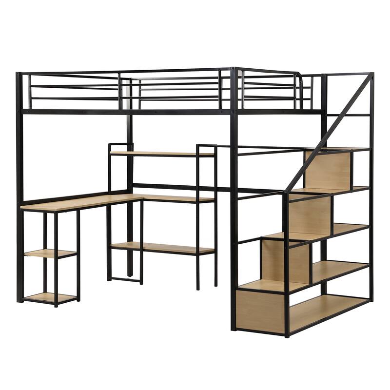 Full Size Metal Loft Bed with Staircase, Built-in Desk, and Shelves in Black