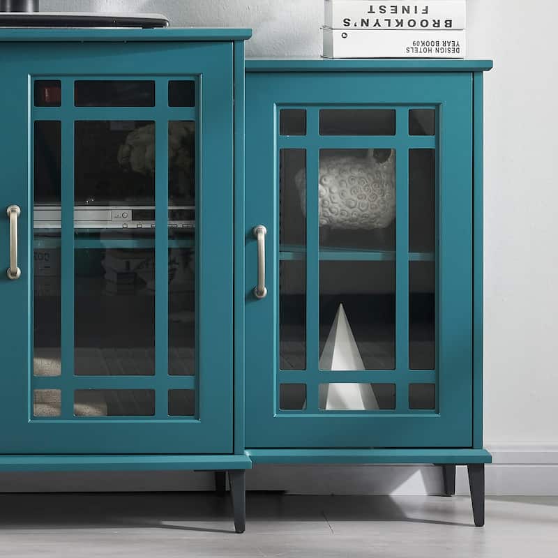 Teal Blue 62" TV Stand with Glass Doors & Shelves for Living Room