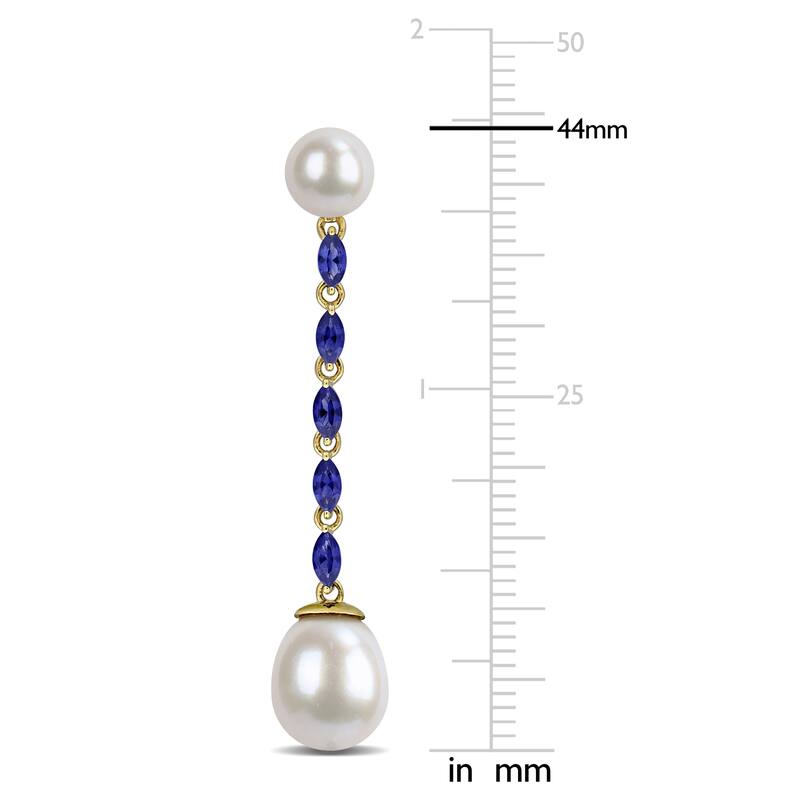 Miadora 6-8.5mm Cultured Freshwater Pearl and 1.3 CT TGW Created Blue Sapphire Drop Earrings in 10k Yellow Gold