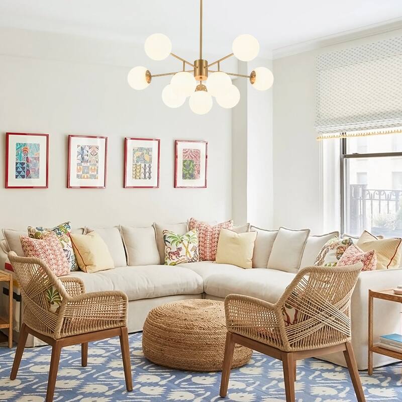 Mid-century 10-Light Sputnik Living Room Frosted Glass Orb Chandelier - 38.0 in