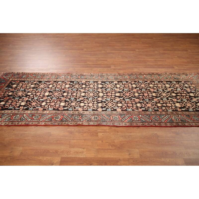 Hand Knotted Oriental 100% Wool Carpet Traditional Geometric Black Mahal Runner Rug - 9' 5'' X 3' 3''