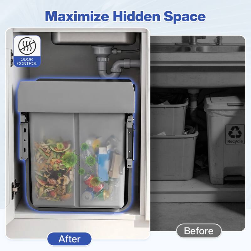 Under Cabinet Pull-Out Trash Can, 40L (20L+20L) Double Bin Kitchen Garbage Can with Soft-Close Slides