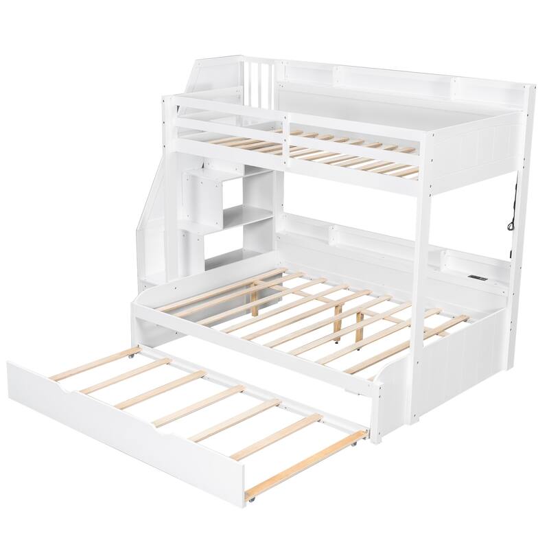 Twin Over Full Size Bunk Bed with Built-in 3-in-1 Storage Shelves and Charging Station, Pull-out Trundle, Storage Staircase