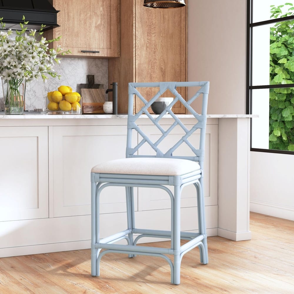 Natural Rattan Handmade Chippendale Single Cushioned Bar Stool by East at Main