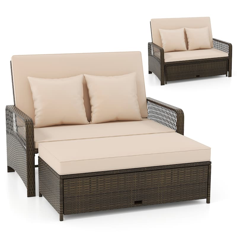 Gymax Patio Rattan Daybed Wicker Loveseat Sofa w/ Multifunctional - Beige