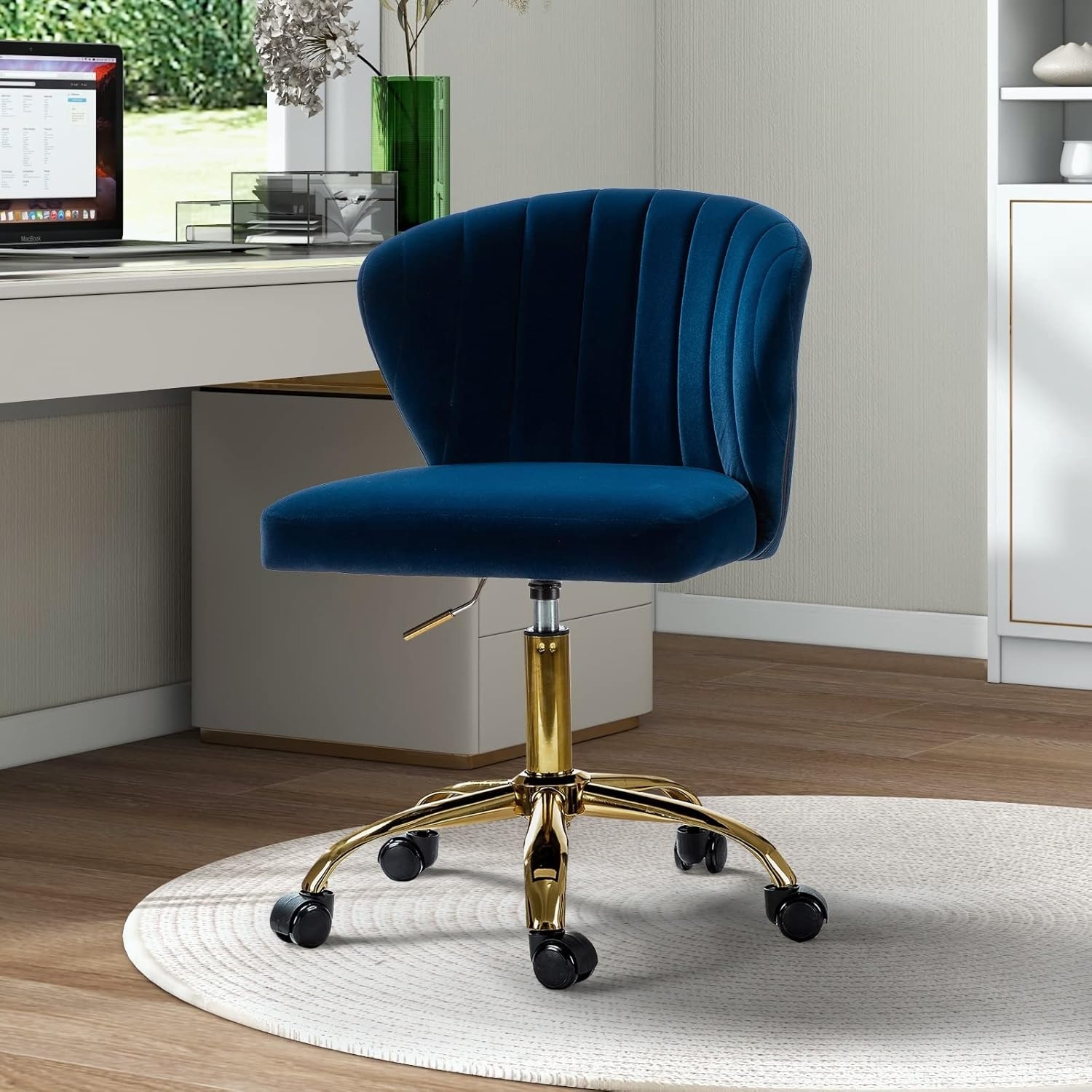 Modern Velvet Adjustable Low Back Swivel Office Chair with Wheels, Navy