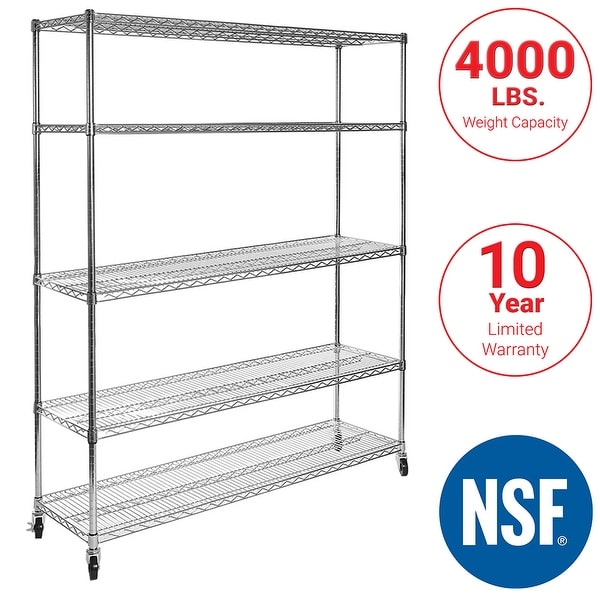 Seville Classics 60 in W x 18 in D x 72 in H UltraDurable Commercial-Grade 5-Tier Steel Wire Shelving with Wheels