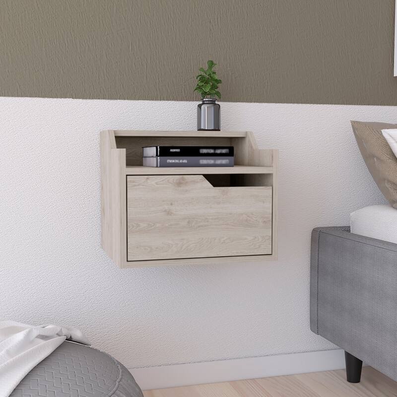 Floating Nightstand with Single Drawer, Modern Dual-Tier Design in Light Gray - Light Gray