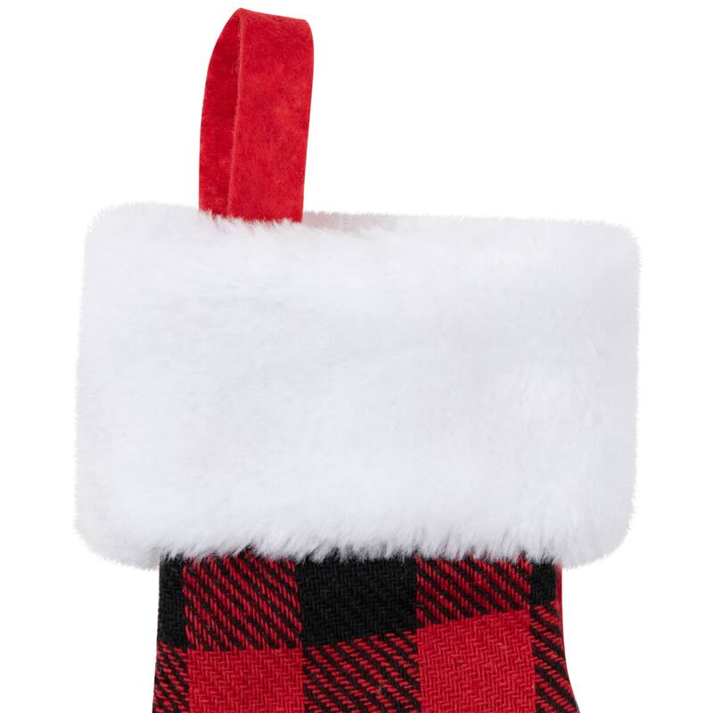 7" Red and Black Plaid Print Christmas Stocking with Faux Fur Cuff