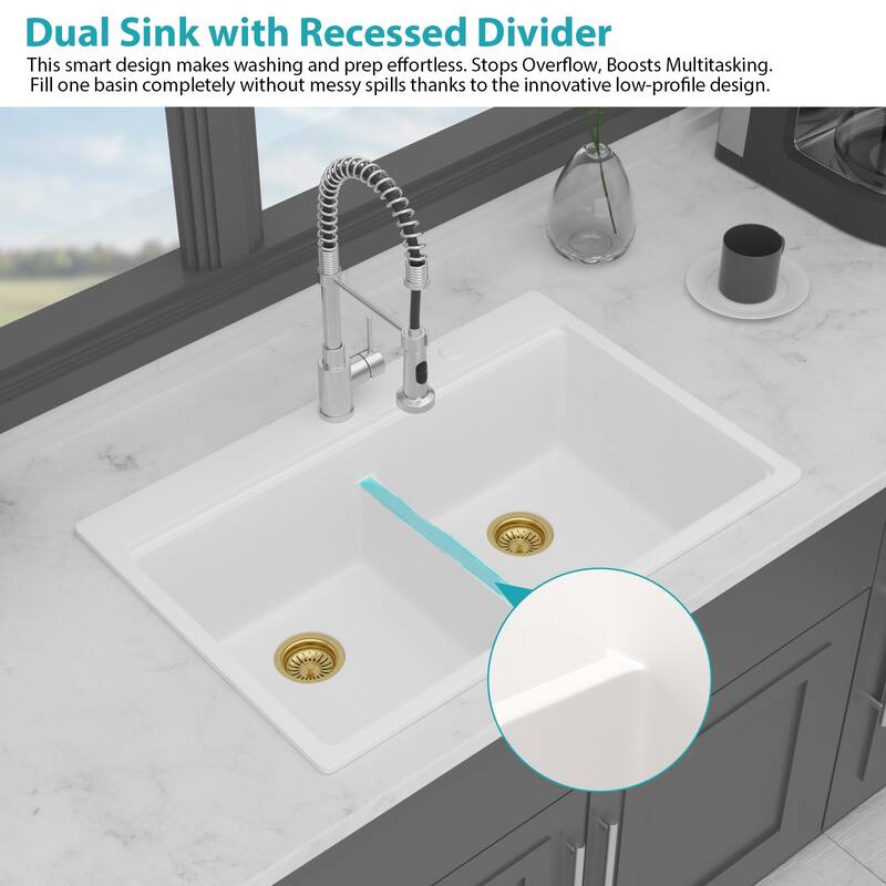 Granite Composite Double Bowl (50/50) Workstation Topmount Drop-in Kitchen Sink - White