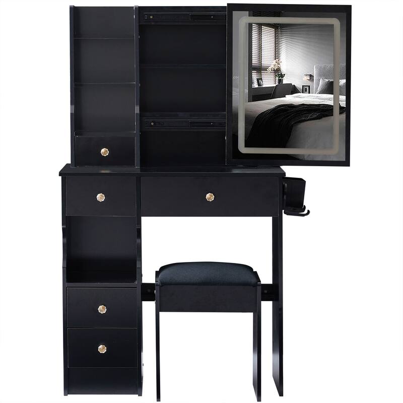 29.2" Small Size Left Drawer Desktop Vanity Table + Cushioned Stool, 2 AC+2 USB Power Station, Hair dryer bracket