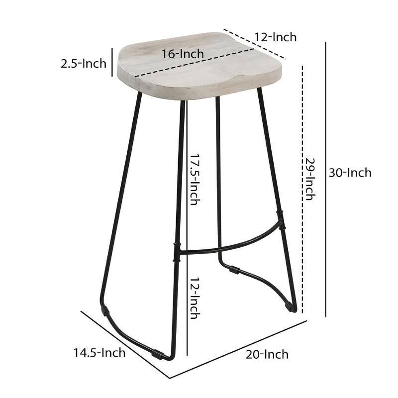 Tiva 30 Inch Handcrafted Backless Barstool, Whitewashed Mango Wood Saddle Seat, Black Metal Base