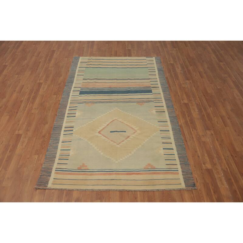 Hand Woven Oriental 100% Wool Carpet Southwestern Geometric Beige & Ivories Kilim Area Rug - 7' 10'' X 4' 9''