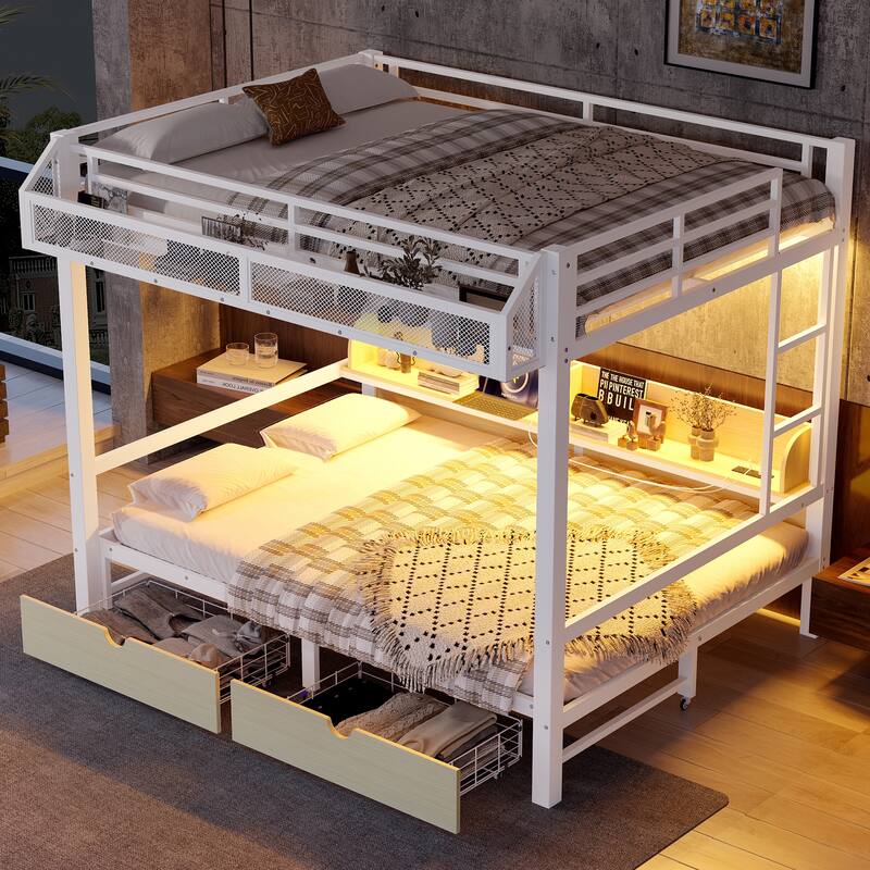 Queen over Queen Bunk Bed with Storage Shelves and Drawers,Multifunctional Metal Bunk Beds with USB Ports - White
