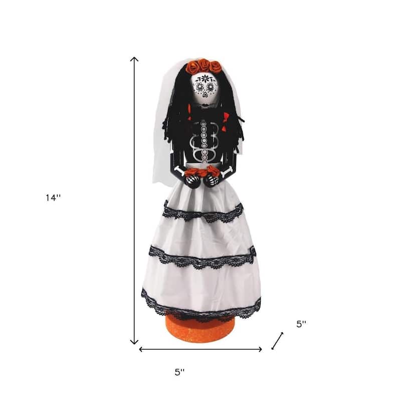 HomeRoots 14" Black And White Fabric And Solid Wood Halloween Woman Nutcracker - 5.00 in. x 14.00 in. x 5.00 in.
