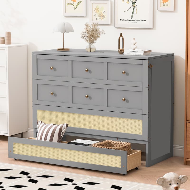 Convertible Foldable Murphy Bed Full Size Wall Cabinet Bed with Storage Drawers, Golden Handles and Rattan Weaving Accents