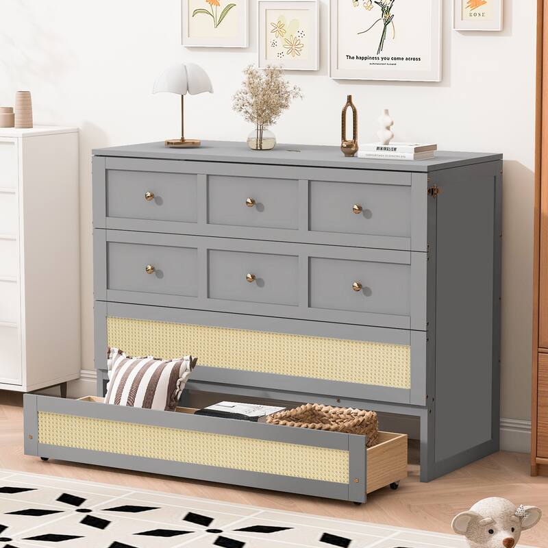 Roomfitters Full Size Murphy Bed with Large Storage Drawer and Rattan Design - Grey