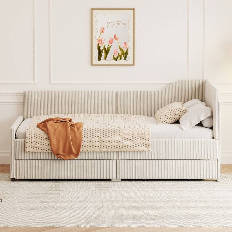 Twin Size Upholstered Daybed with L-Shaped Headboard and 2 Storage Drawers, Corduroy Daybed Frame Sofa Bed with Slats Support