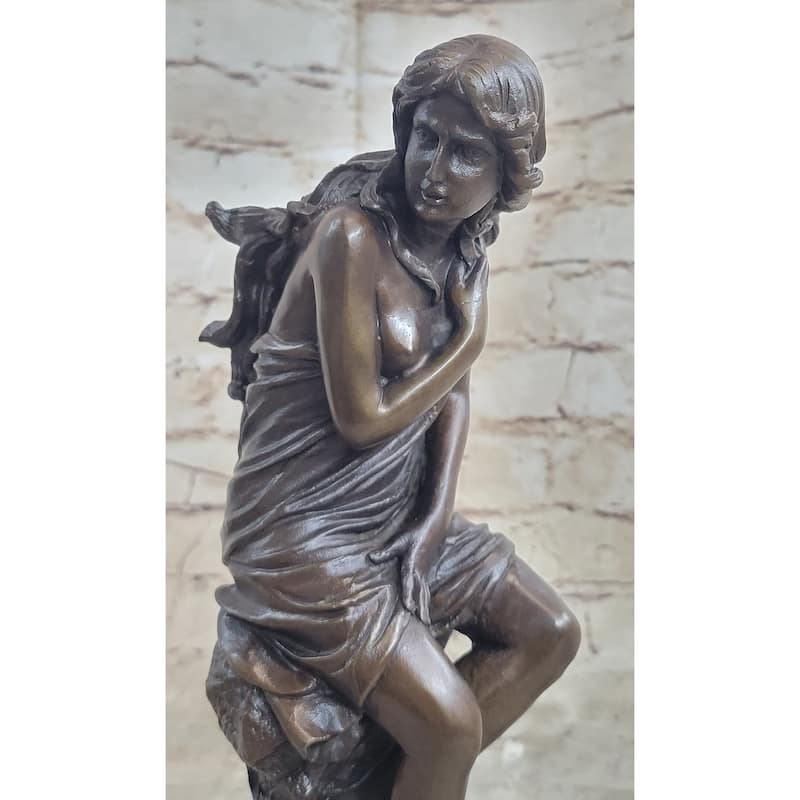 Signed French Roche Fair Maiden Bronze Sculpture Art Deco Marble Base Figurine