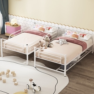 Twin Over Twin Metal Bunk Bed with Shelf and Guardrails,White