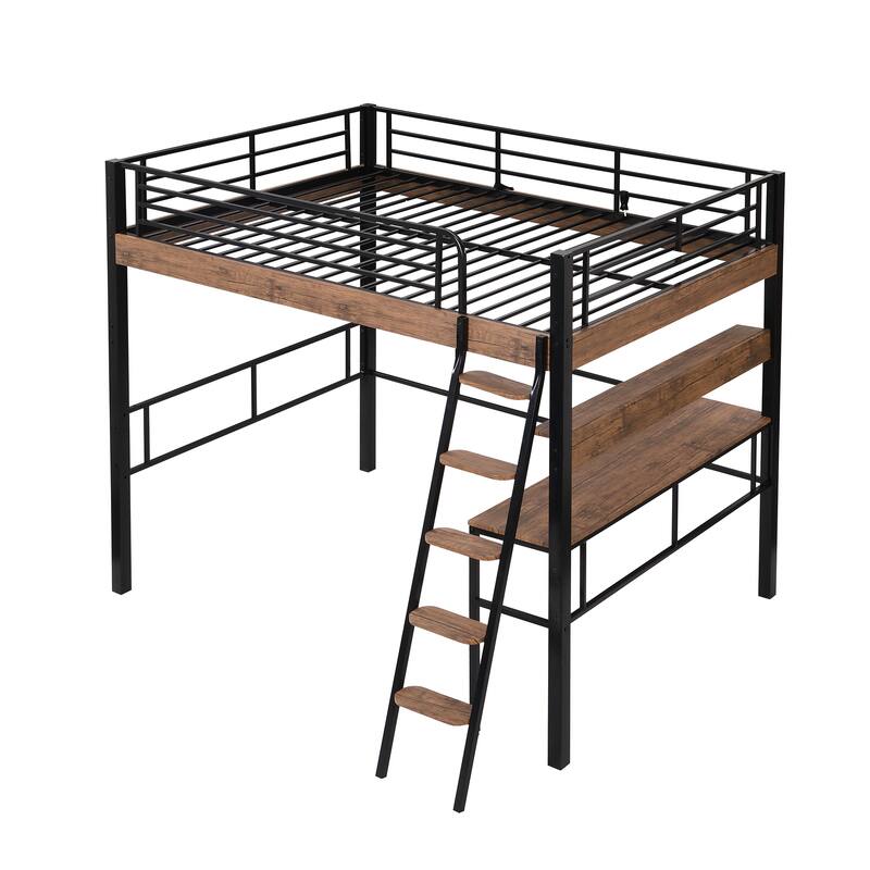 Space-Saving Full Loft Bed with Desk, Shelves, and Ladder, Black