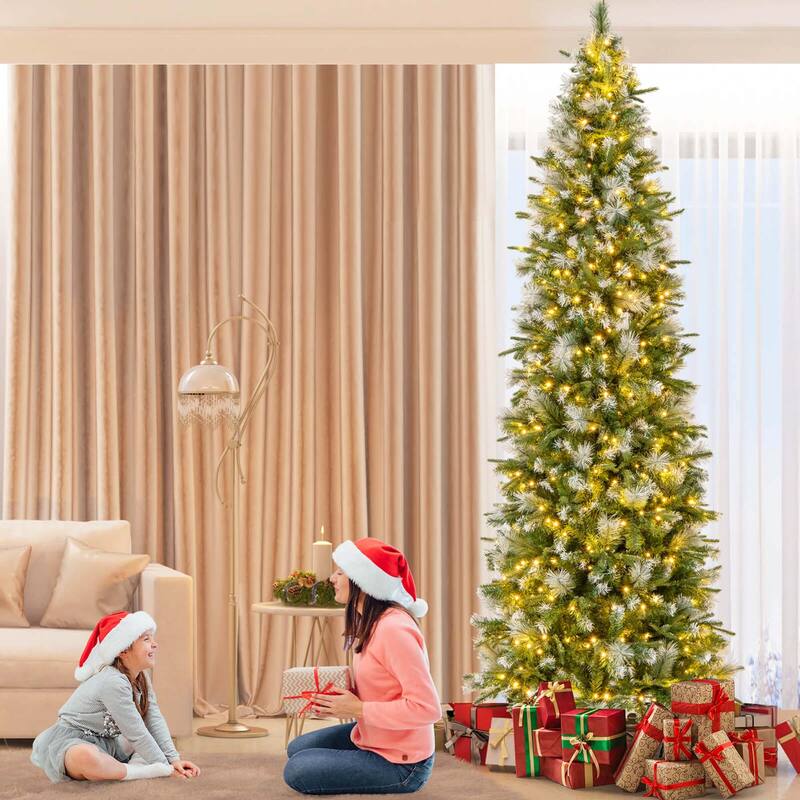 6/7.5/9 FT Pre-Lit Pencil Christmas Tree Snow Flocked Slim Artificial Tree - Green & White