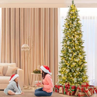 6/7.5/9 FT Pre-Lit Pencil Christmas Tree Snow Flocked Slim Artificial Tree - Green & White