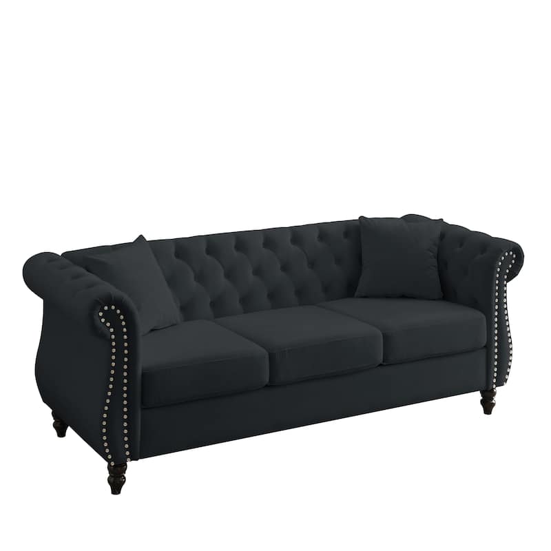 Anmytek 80 Inch Chesterfield Sofa Black Velvet Tufted 3 Seater Couch with Rolled Arms and Nailhead Trim and Two Pillows