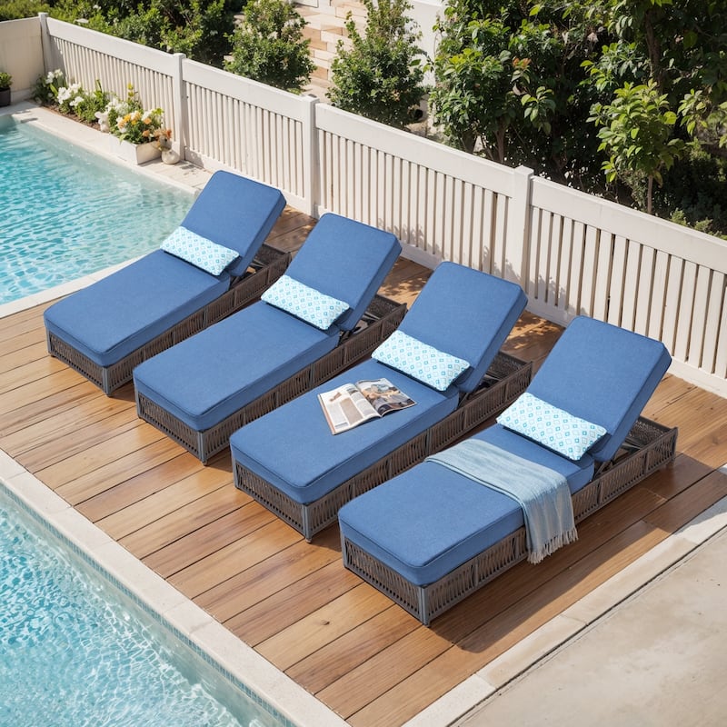 Pocassy 4 Pieces Patio Lounge Chair with 5 Adjustable Backrest - Brown Wicker Blue Cushion