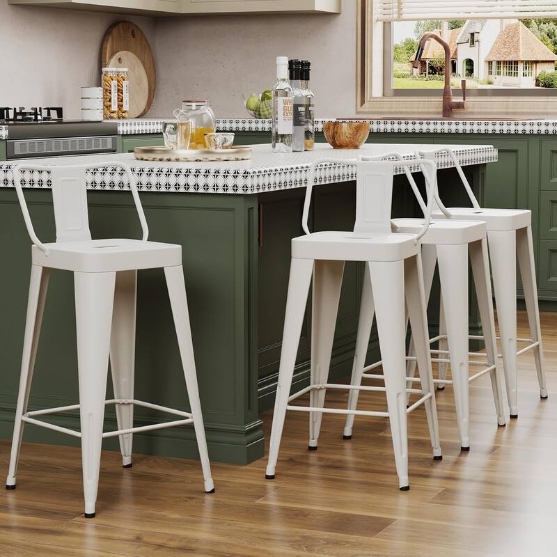 Metal Counter & Bar Stools Set of 4, 26" and 30" Seat Height Barstools with Metal Frame and Low Back for Kitchen lsland - Off-White - Bar Height - Set of 4