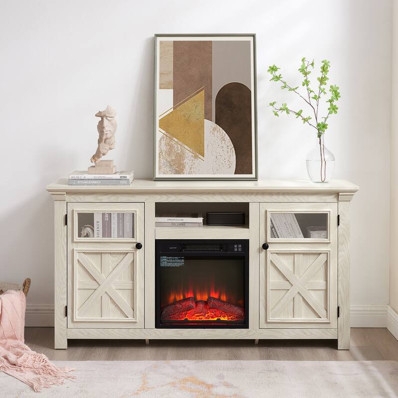 Fireplace TV Stand Media Console 2 Doors Cabinet with 18" Fireplace