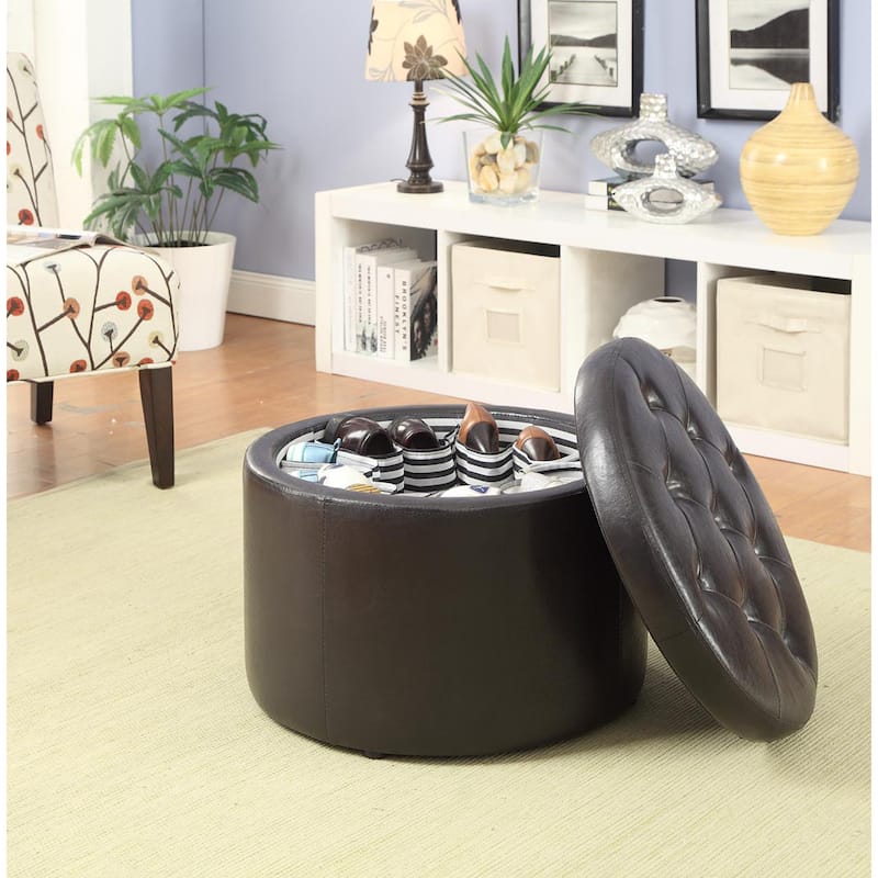 Convenience Concepts Designs4Comfort Round Shoe Storage Ottoman - Espresso Faux Leather