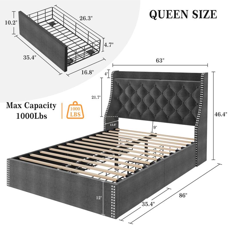 Bed Frame with 4 Storage Drawers and Headboard