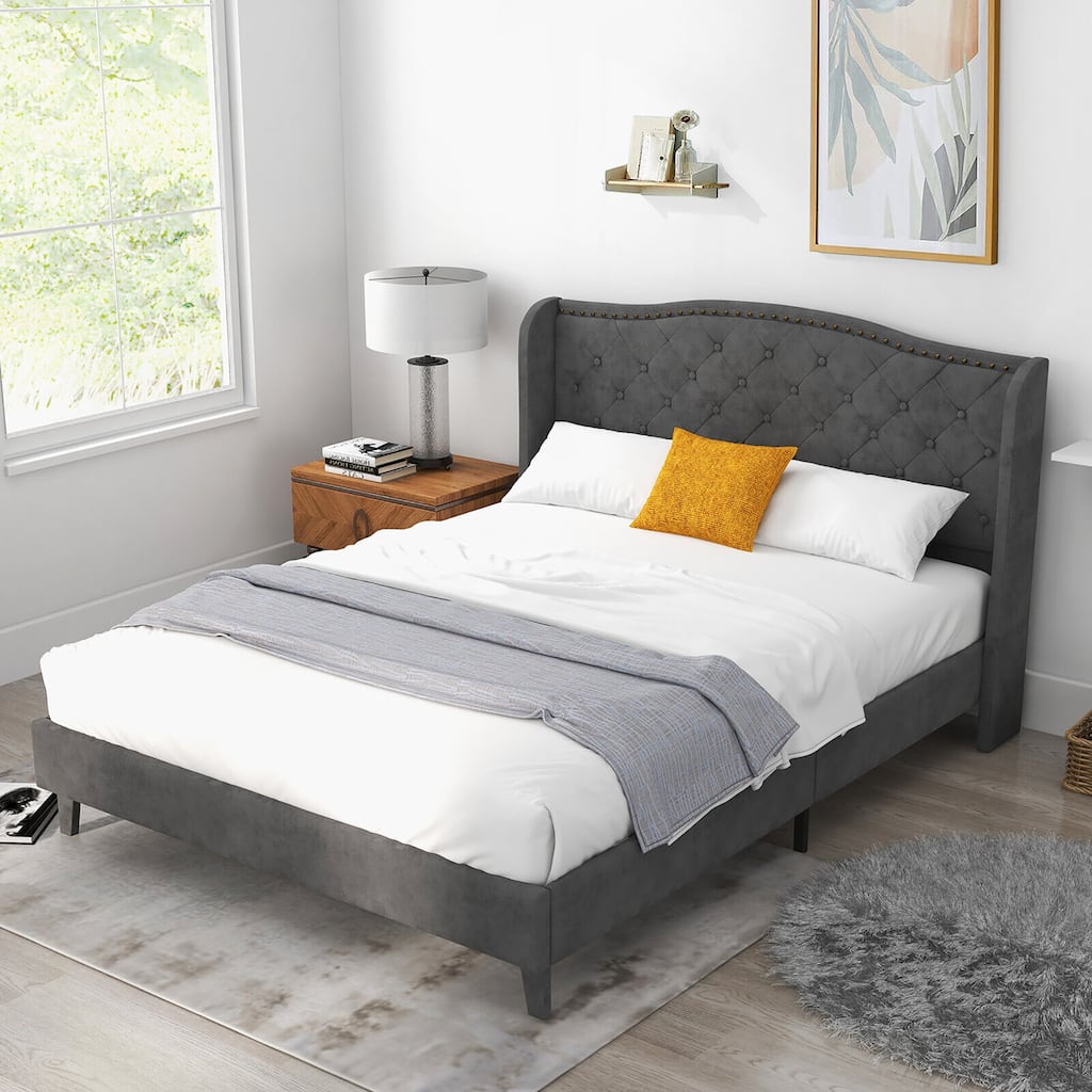 Gymax Queen Upholstered Platform Bed Frame w/ Button Tufted Headboard