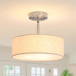Rustic 3-Light Semi Flush Mount Ceiling Light with Linen Shade, 12.6-Inch Wide Classic Farmhouse Chandelier for Dining Room