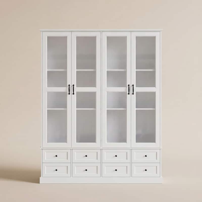 63" Lighted Glass Display Cabinet Curio Cabinet with Bluetooth LED Lights, White China Cabinet Storage for Living Room