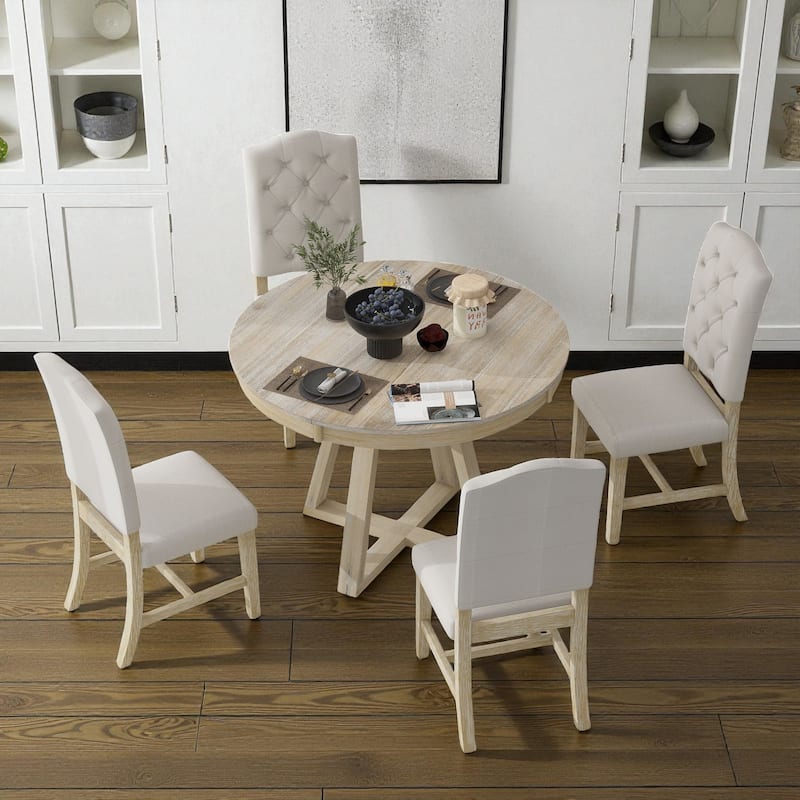5-Piece Retro Extendable Round Dining Table Set, 42"-58" Wood Table with Leaf and 4 Upholstered Chairs for Dining Room - Natural